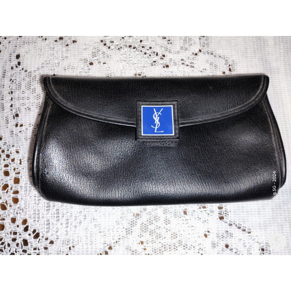 YSL Black Leather Clutch Bag - Logo Accent, Evening Elegance